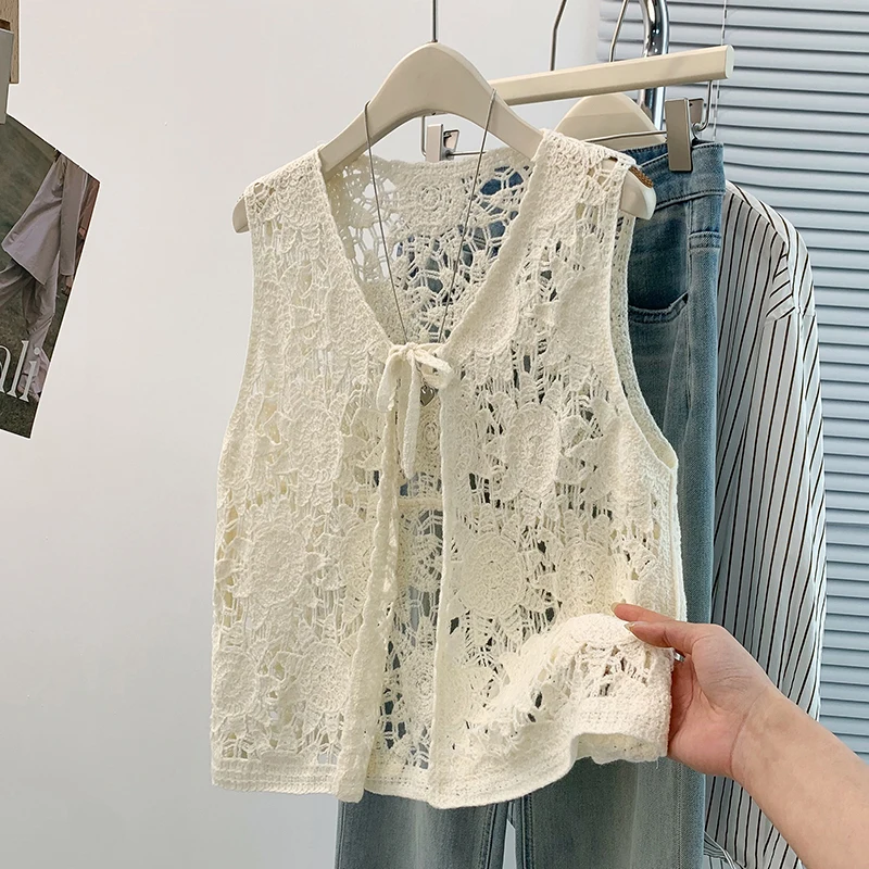 Crochet Top Boho - Kardigan szydełkowy wiązany z przodu, bluzka