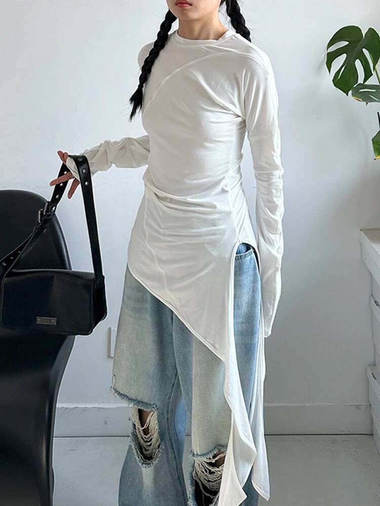 Vintage Fashion Build - Damska biała asymetryczna elegancka długa dopasowana
