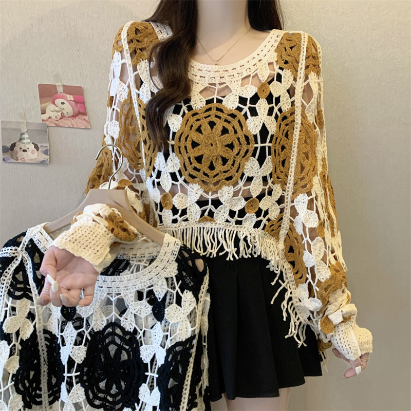 Crochet Top Boho - Kontrastowy kolor Wydrążone frędzle Boho Krótki