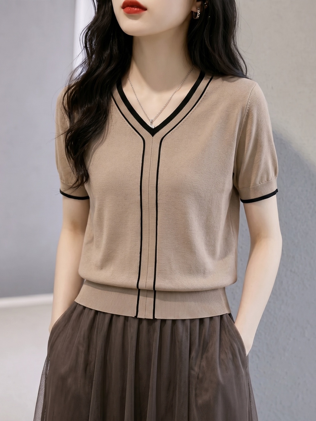 Vintage Fashion Years - Koreański styl, dzianinowy top z jedwabiu