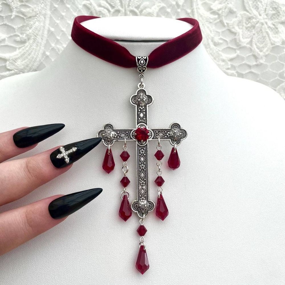 Vintage Fashion Looks - Retro Naszyjnik Choker z Dużym Krzyżem