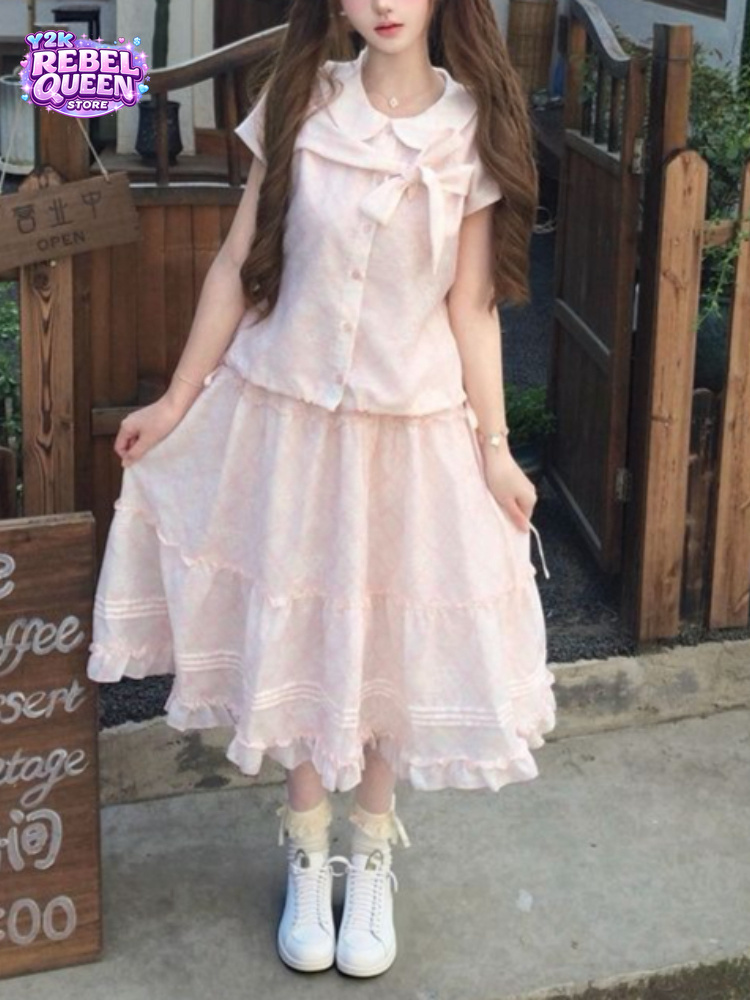 Vintage Fashion Jersey - Japoński Vintage Słodki Top z Kokardą
