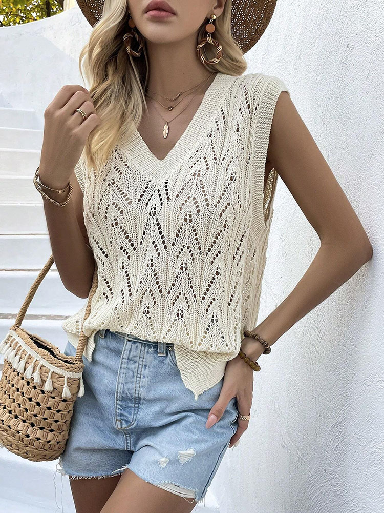Damska beżowa ażurowa kamizelk – Crochet Top Boho recenzja i cena